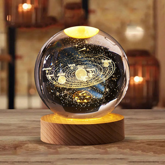 Solar System Moon Nebula 3d Art K9 Crystal Ball Night Lamp Luminous Crystal 3d Ball Night Lamp Wooden Led Smart Night Light Base