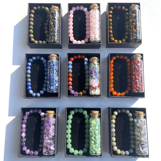 Hot sale Natural Crystal Stone Mineral Gravel chips Bottle 8mm amethyst rose quartz crystal Bracelet Gift Box