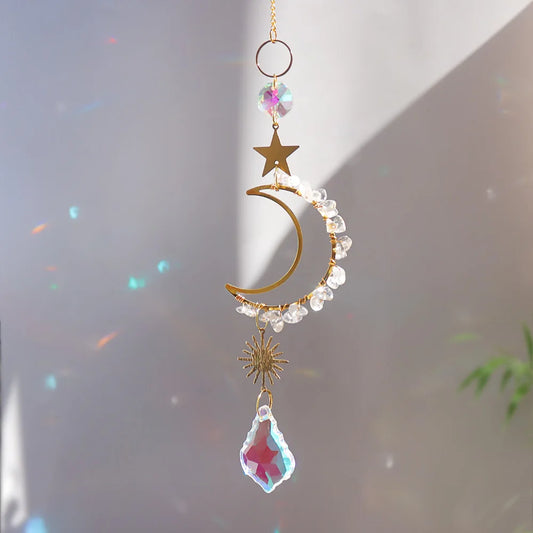 Premium Natural Crystal Moon and Star Sun Catcher with Wind Chimes Stone Crystal Hanging Ornament for Home Garden Decor