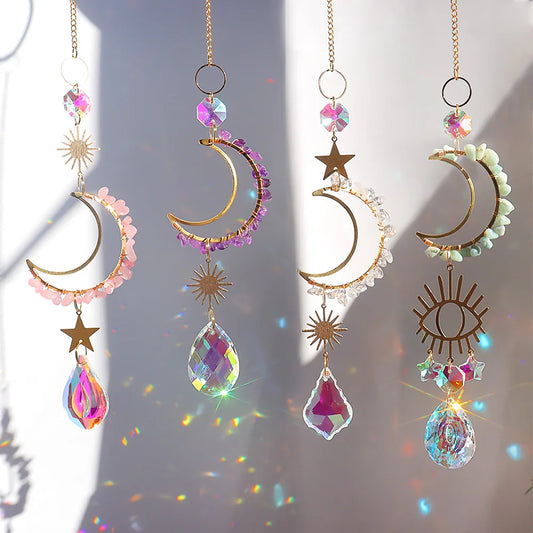 Premium Natural Crystal Moon and Star Sun Catcher with Wind Chimes Stone Crystal Hanging Ornament for Home Garden Decor